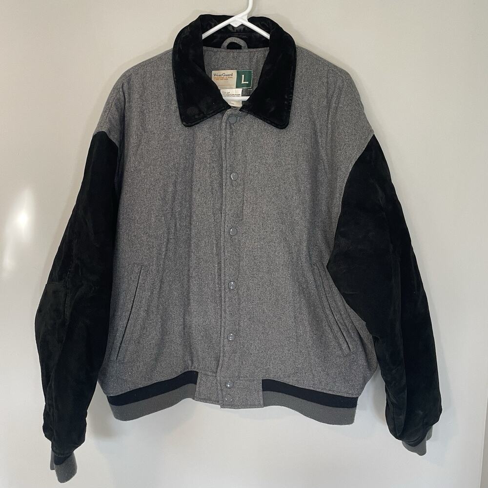 Wearguard Jacket‎ Men Sz L Colorblock Bomber Leather Wool ZipSports Black Gray